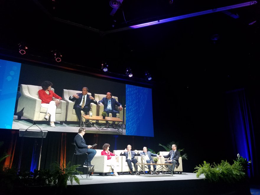 From left: Michael Levie, COO at citizenM Hotels; Cindy Estis-Green, CEO and co-founder of Kalibri Labs; Mark Carrier, president of B.F. Saul Company Hospitality Group; Barry Goldstein, chief commercial officer at Wyndham Hotels &amp; Resorts; and A…