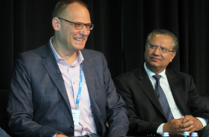 Marriott International’s Alexander Pyhan (left) enjoys the distribution conversation during the Revenue Strategy Summit. Also pictured is Ash Kapur of Starwood Capital Group. (Photo: Jeff Higley)
